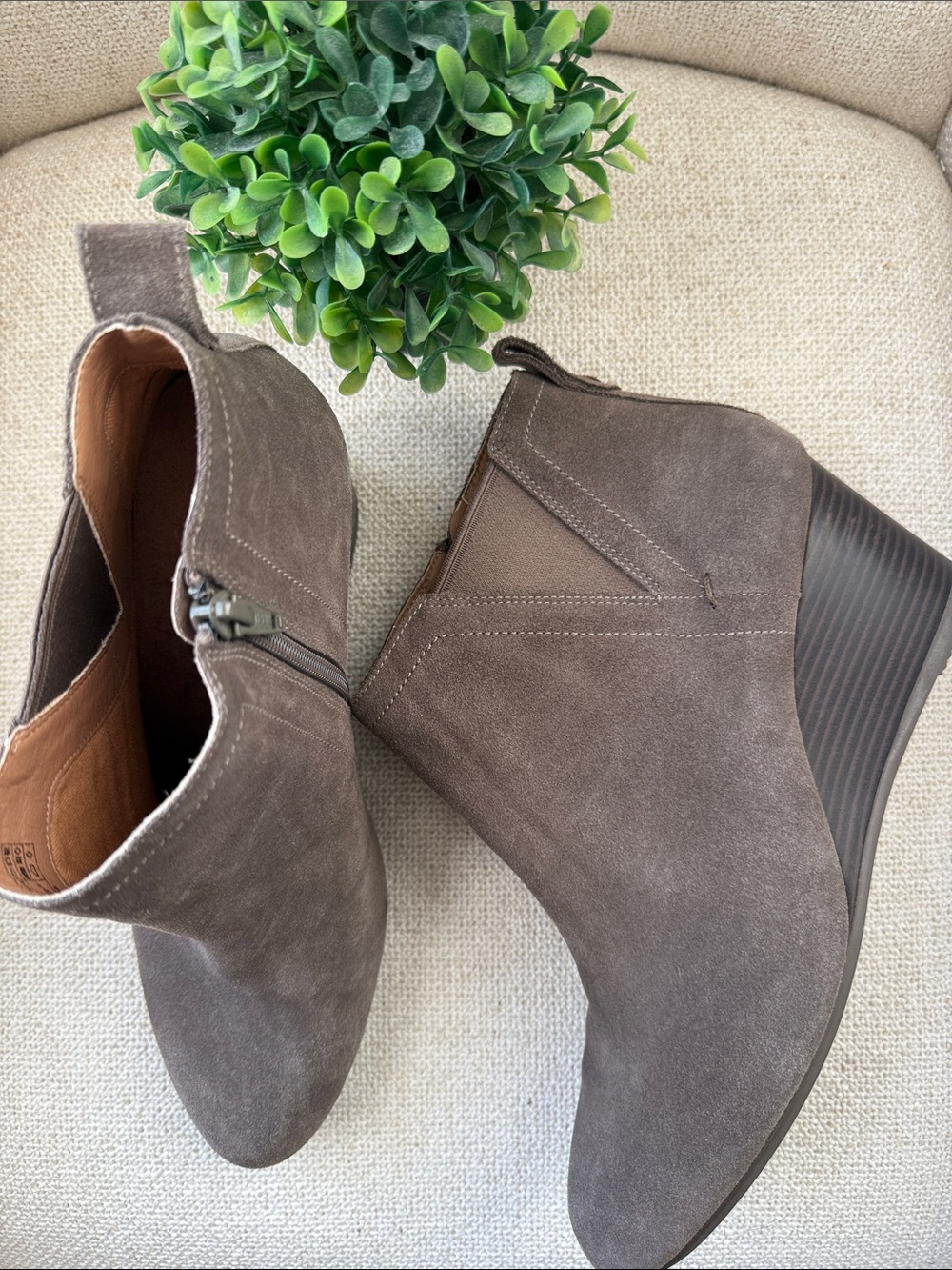 Vionic Paloma Wedge Ankle Booties Taupe Suede Booties
